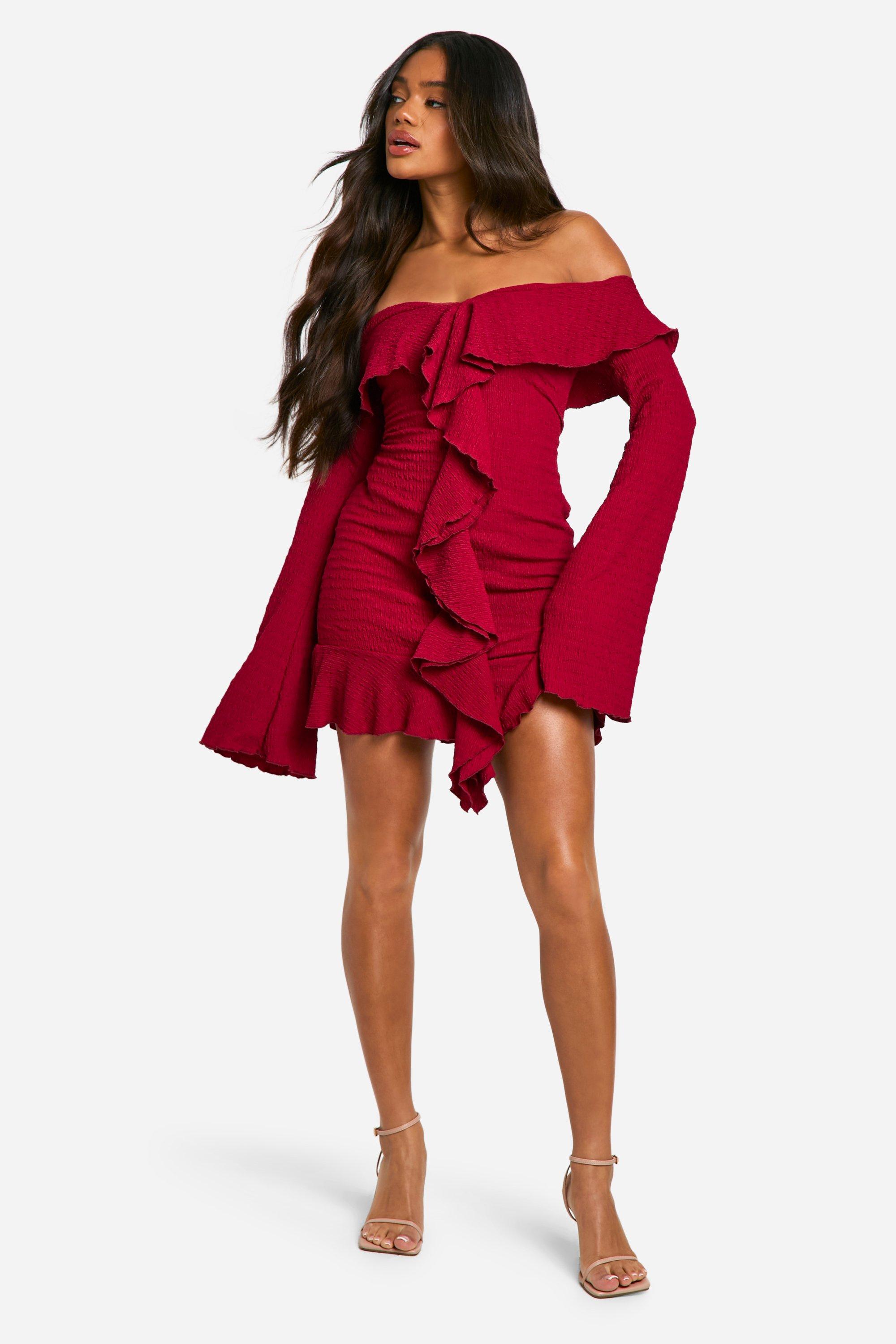 Textured Bardot Ruffle Mini Dress boohoo