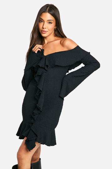 Black Textured Bardot Ruffle Mini Dress