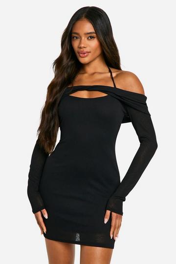 Textured Bardot Mini Dress black