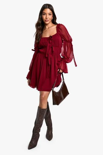 Burgundy Red Chiffon Milkmaid Mini Dress