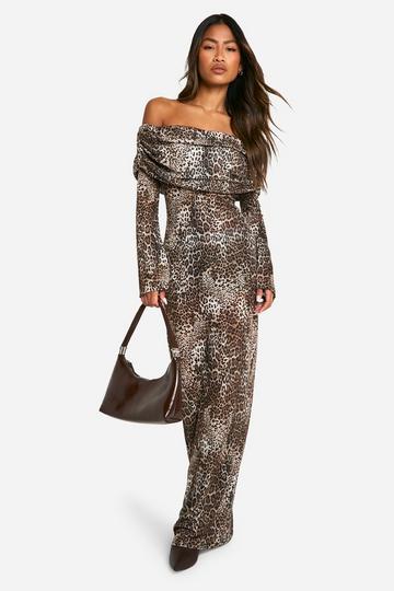 Brown Animal Rib Knit Slouchy Bardot Maxi Dress