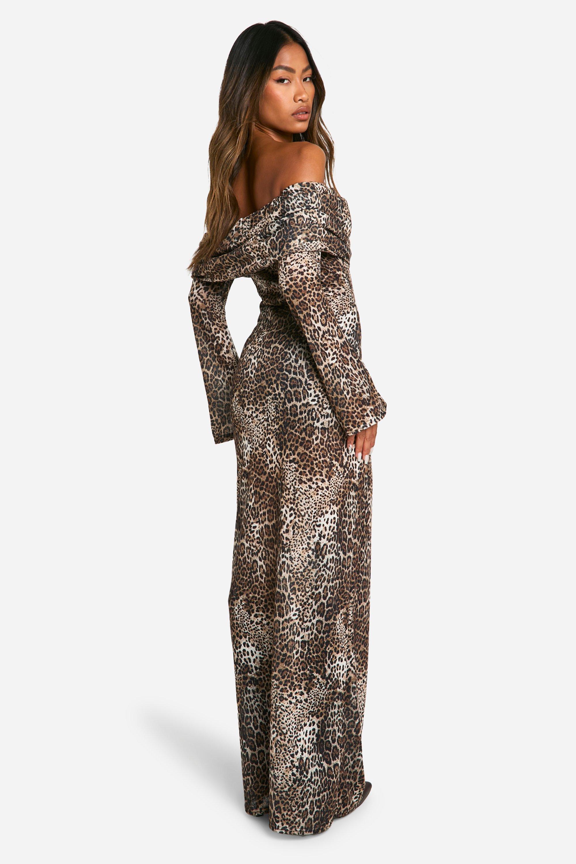 Geribbelde Gebreide Dierenprint Baggy Maxi Jurk Met Uitgesneden Hals