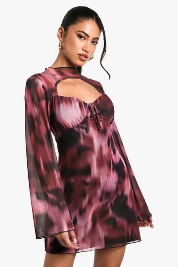 Blurred Floral Mesh Mini Dress dark pink