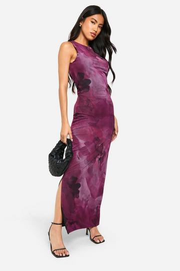 Pink Floral Print Mesh Racer Neck Maxi Dress