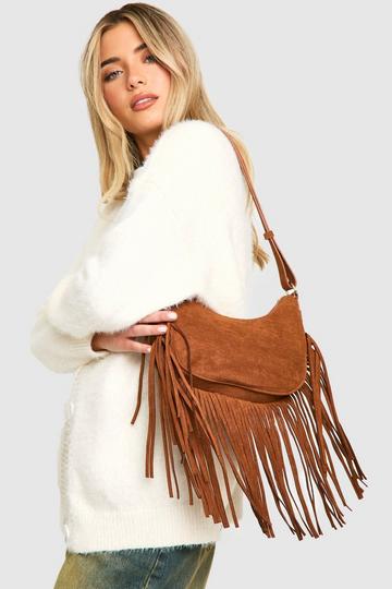 Fringed Faux Suede Shoulder Bag tan