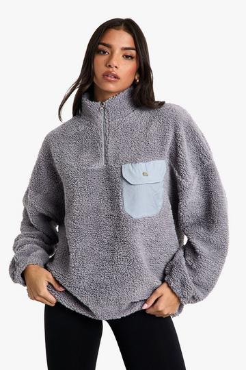 Nylon Pocket Detail Oversized Half Zip Borg Sweatshirt light grey