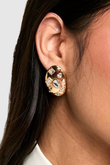 Gold Metallic Scattered Diamante Statement Stud Earrings