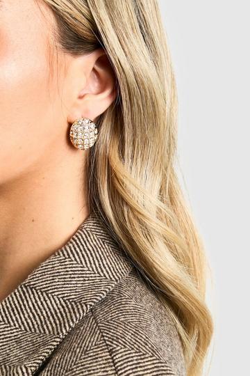 Gold Metallic Textured Embellished Oval Stud Earrings