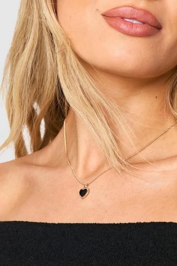 Gold Metallic Black Enamel Heart Pendant Necklace