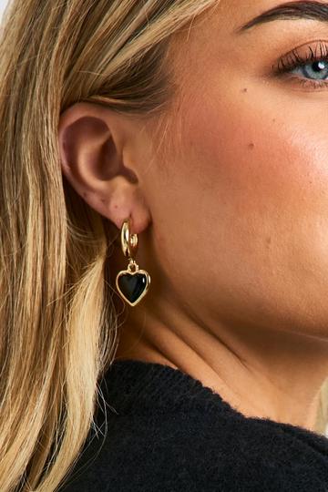 Black Enamel Heart Drop Hoop Earrings gold