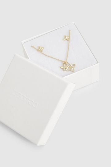 Gold Plated Diamante Flower Earring and Necklace Gift Set gold