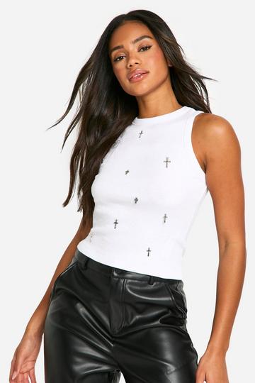 Cross Embellished Racer Top white