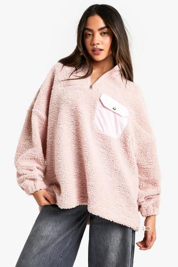 Nylon Pocket Detail Oversized Half Zip Borg Sweatshirt pink