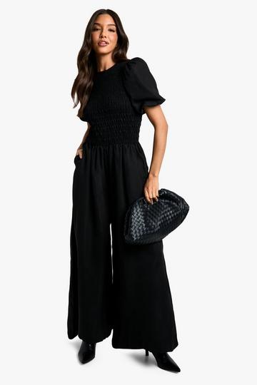 Puff Sleeve Shirred Jumpsuit black