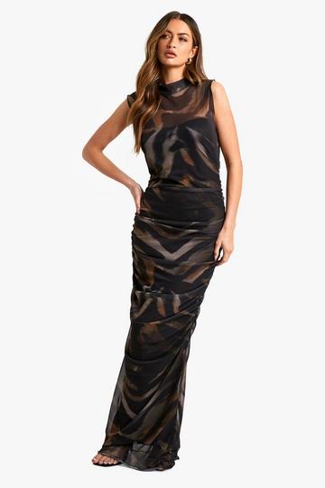 Abstracte Geplooide Mesh Maxi Jurk black