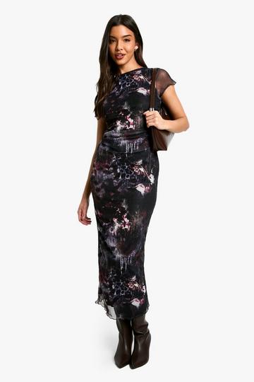 Abstract Floral Ruched Mesh Midaxi Dress multi