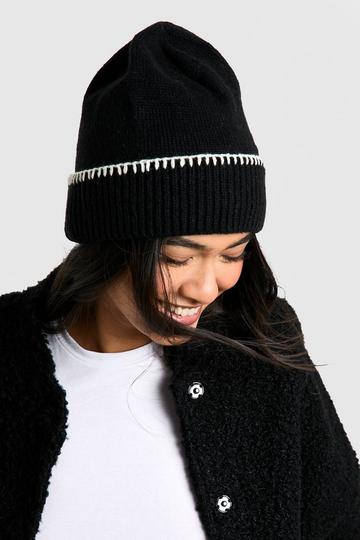 Black Blanket Stitch Trim Knitted Beanie