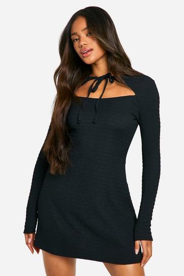 Textured Tie Front Skater Dress black