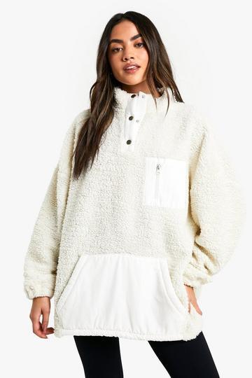 Popper Funnel Neck Oversized Borg Sweatshirt cream