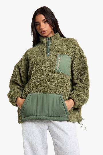 Popper Funnel Neck Oversized Borg Sweatshirt sage