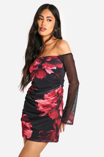 Mesh Bloemenprint Off Shoulder Mini Jurk floral