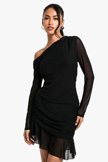 Black Mesh Drape Frill Long Sleeve Mini Dress