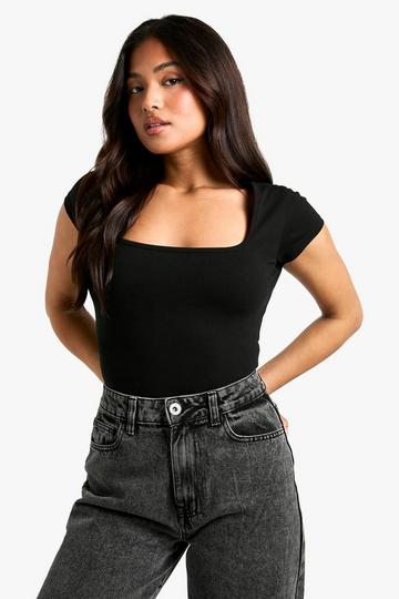 Petite Basic Square Neck Short Sleeve T-shirt Bodysuit black