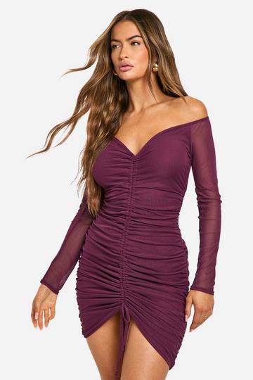 Plum Purple Mesh Ruched Off Shoulder Mini Dress