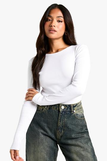 White Petite Basic Crew Neck Long Sleeve Bodysuit