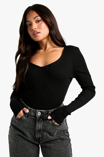 Petite Basic Bodysuit Met V-Hals En Lange Mouwen black