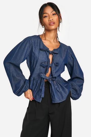 Tie Detail Denim Smock Top indigo