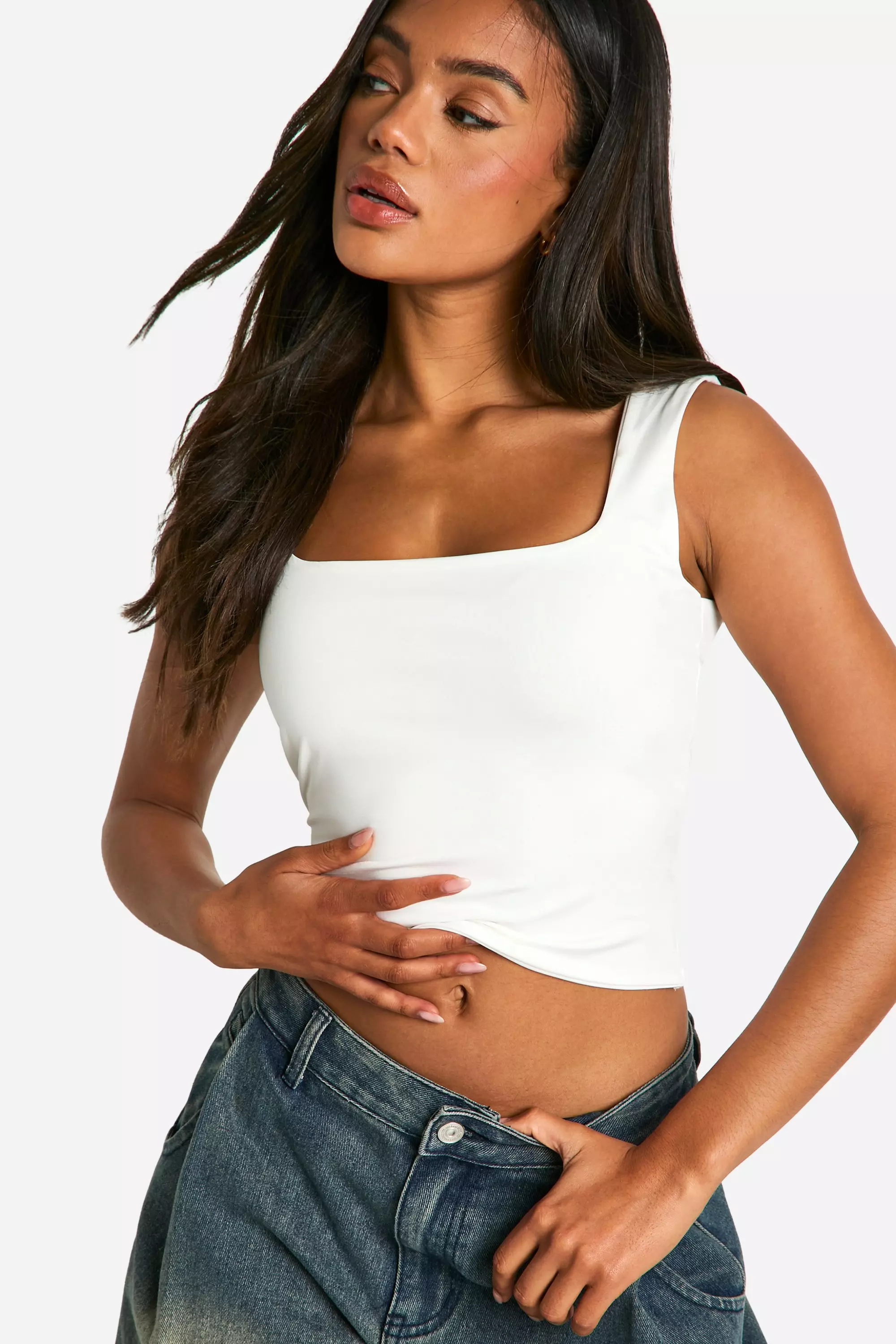 White Double Layer Slinky Square Neck Crop top alternative image