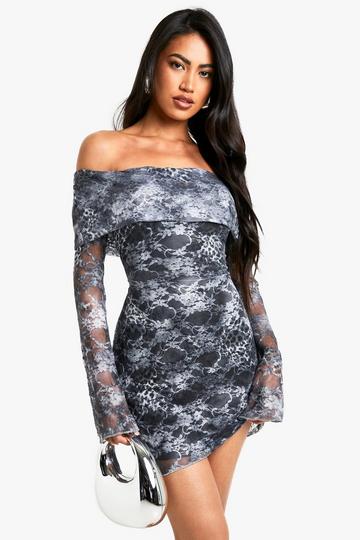 Grey Mixed Animal Lace Bardot Mini Dress