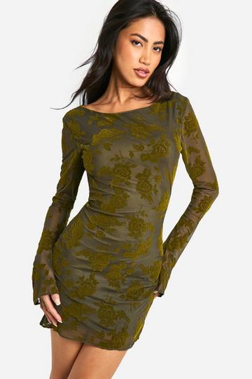 Devore Cowl Back Flare Sleeve Mini Dress green