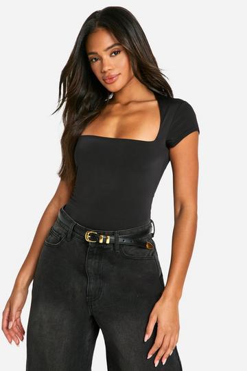 Strakke Bodysuit Met Dubbele Lagen, Vierkante Hals En Kapmouwen true black