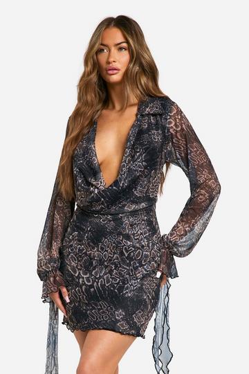 Snake Print Mesh Cowl Shirt Dress snake