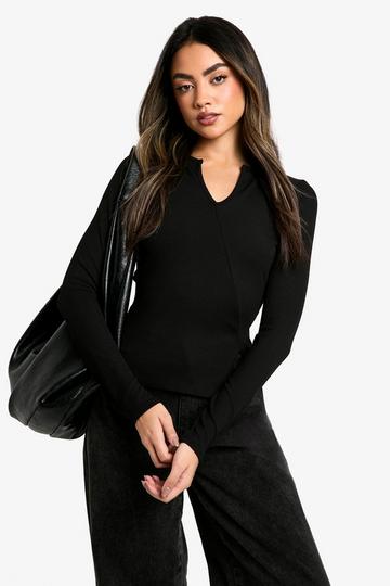 Rib Asym Front Long Sleeve Top true black