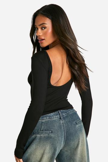 Black Rib Open Back Long Sleeve Top