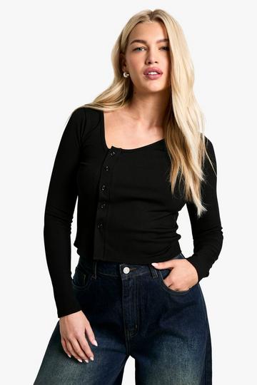 Geribbelde Top Met Asymmetrische Hals En Knopen black