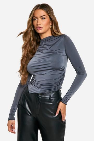 Slinky Drape Front Asym Hem Top charcoal