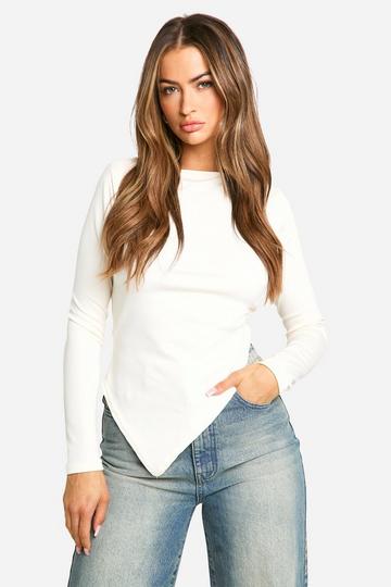 Rib Slash Neck Asym Hem Top cream