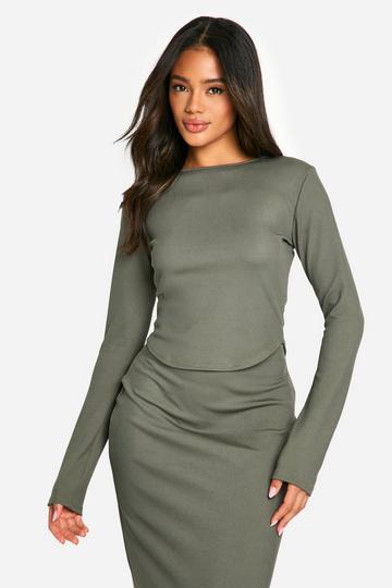 Rib Crew Neck Long Sleeve Dip Hem Top khaki