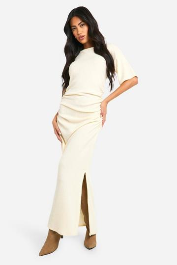 Cream White Brushed Rib Ruched Maxi Dress