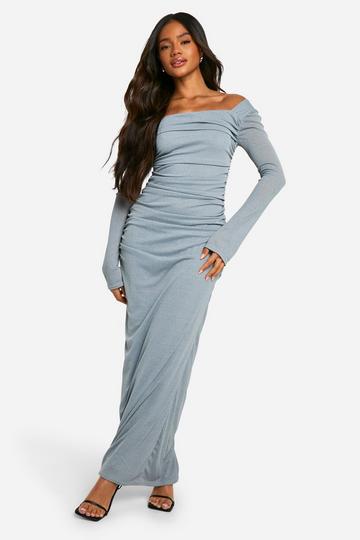 Sheer Off the Shoulder Ruched Maxi Dress grey