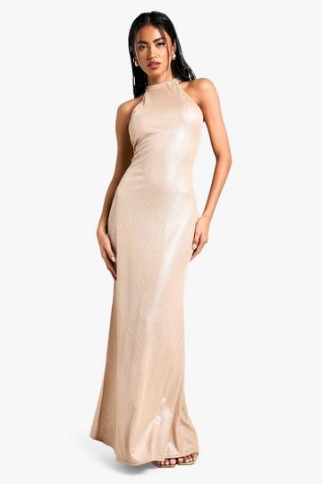 Champagne Beige Metallic Maxi Jurk Met Hoge Hals