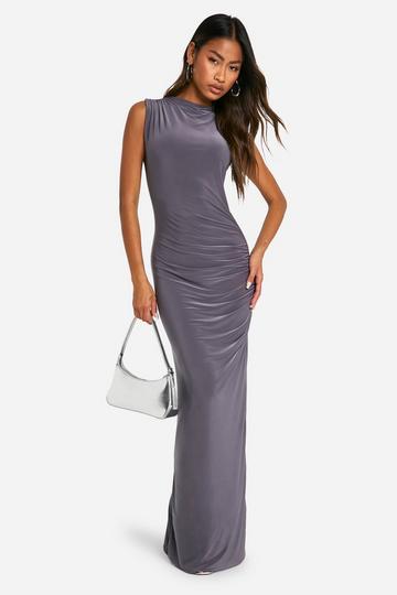 Slinky Boat Neck Ruched Maxi Dress charcoal