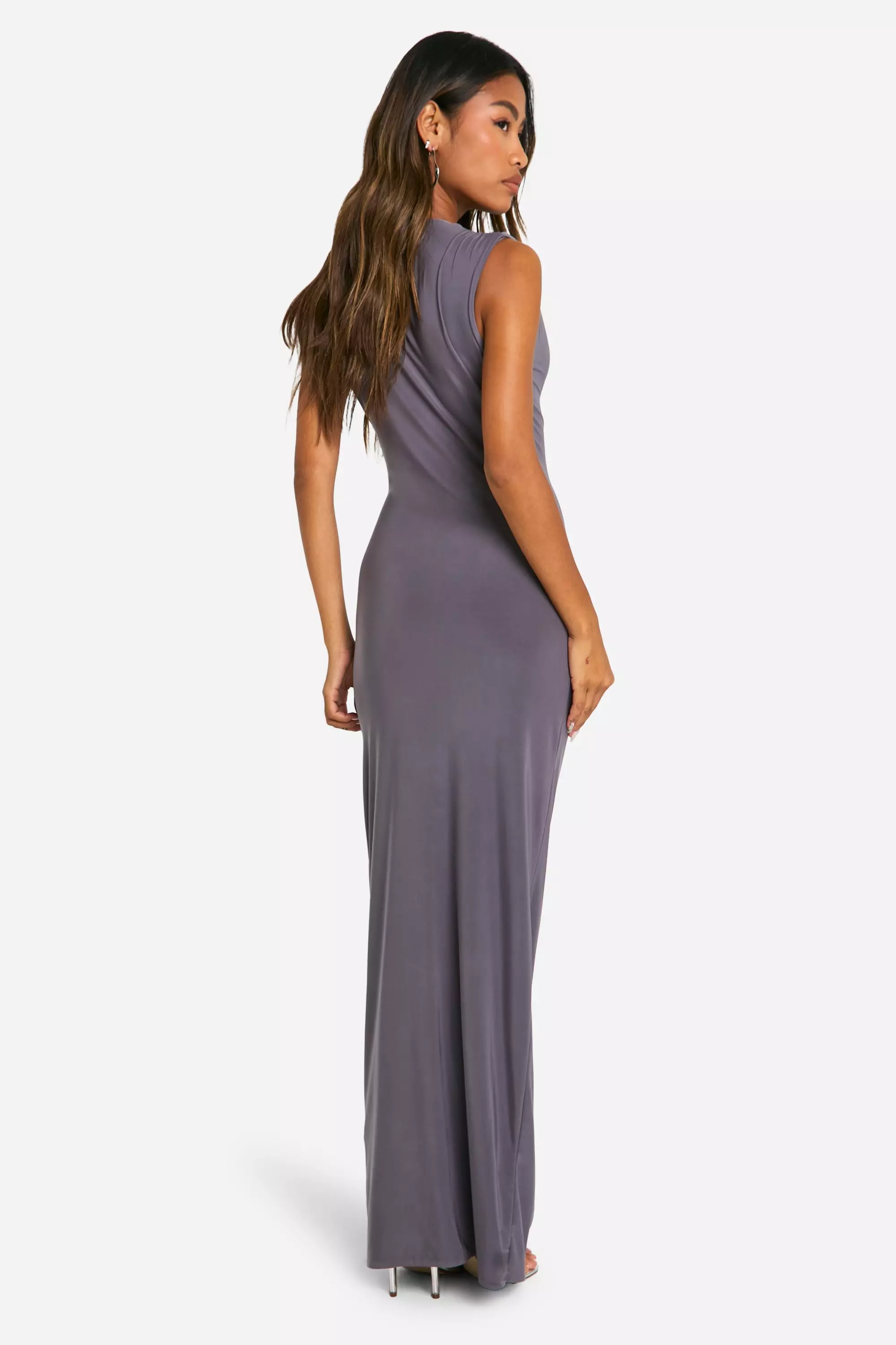 Charcoal Slinky Slash Neck Ruched Maxi Dress صورة بديلة