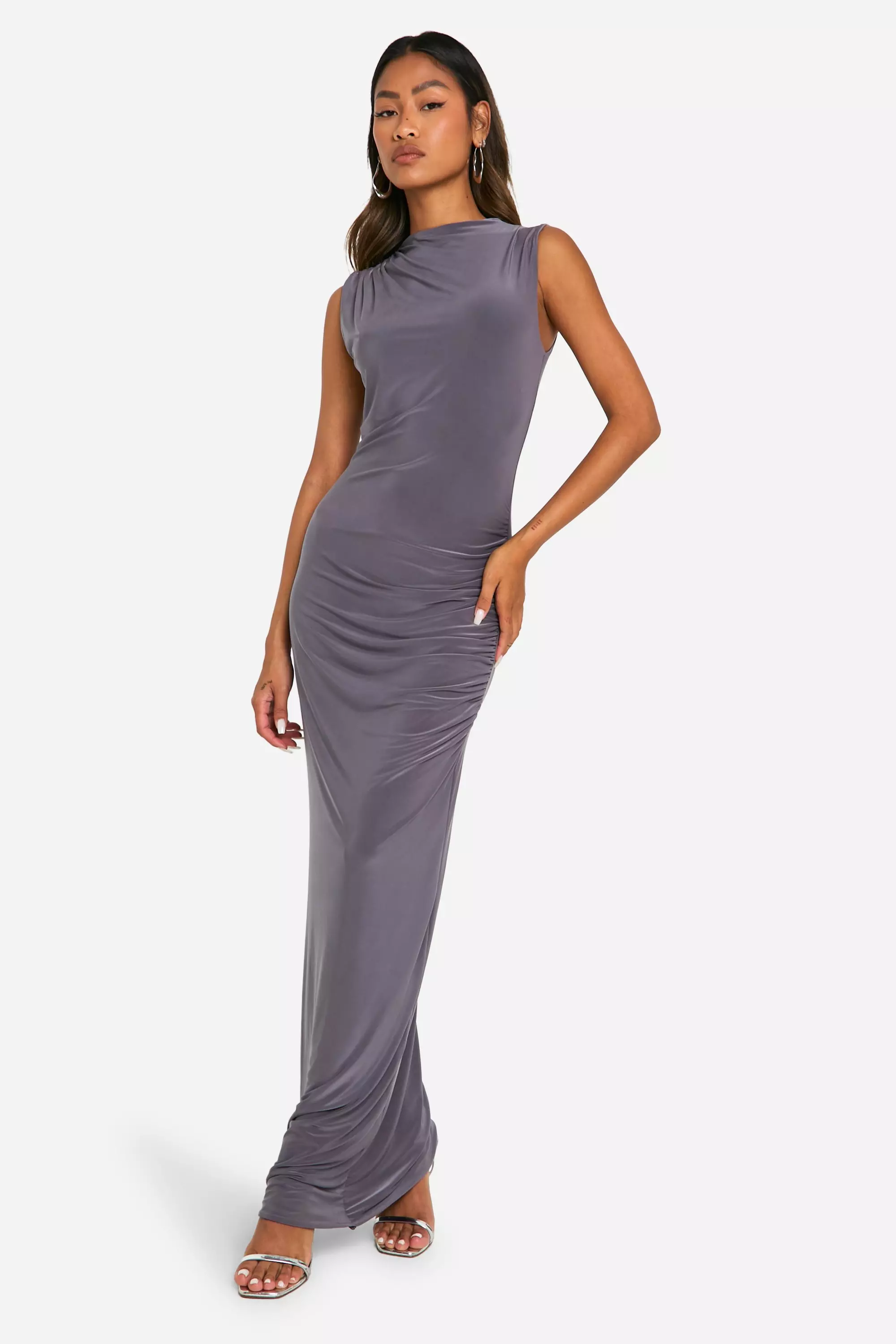 Charcoal Slinky Slash Neck Ruched Maxi Dress صورة بديلة