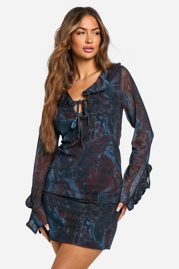 Ruffle Printed Mesh Mini Dress blue