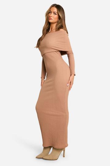 Stone Beige Off The Shoulder Fold Over Textured Maxi Dress